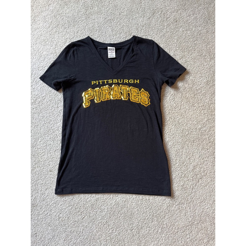 PINK Victoria's Secret Pittsburgh Pirates Sequin V-Neck T-Shirt Black Large